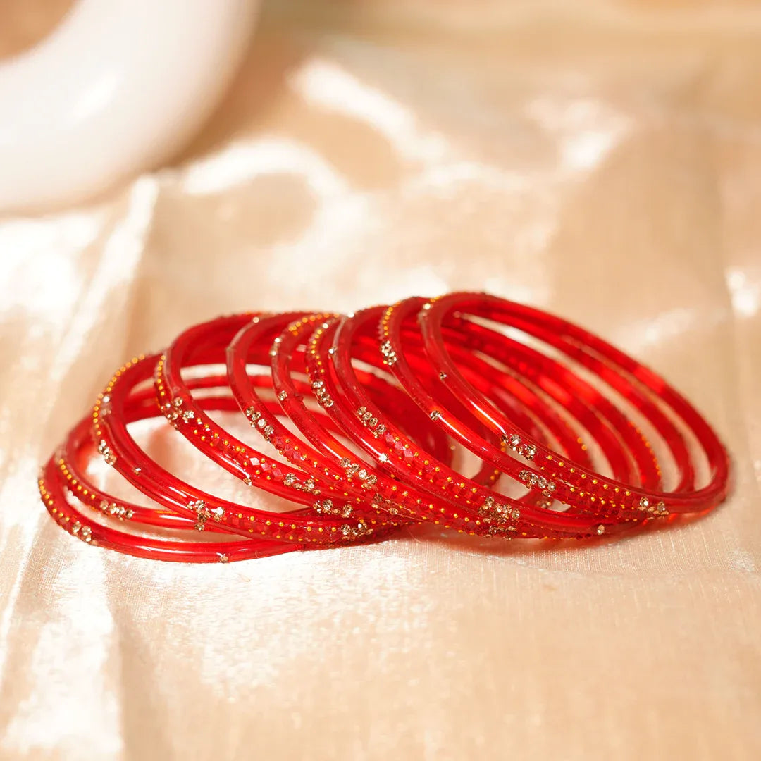 Stylish Traditional Glass Bangle with Beads Studded for Women & Girls (Pack of 12 Bangles) - The Golden Cascade